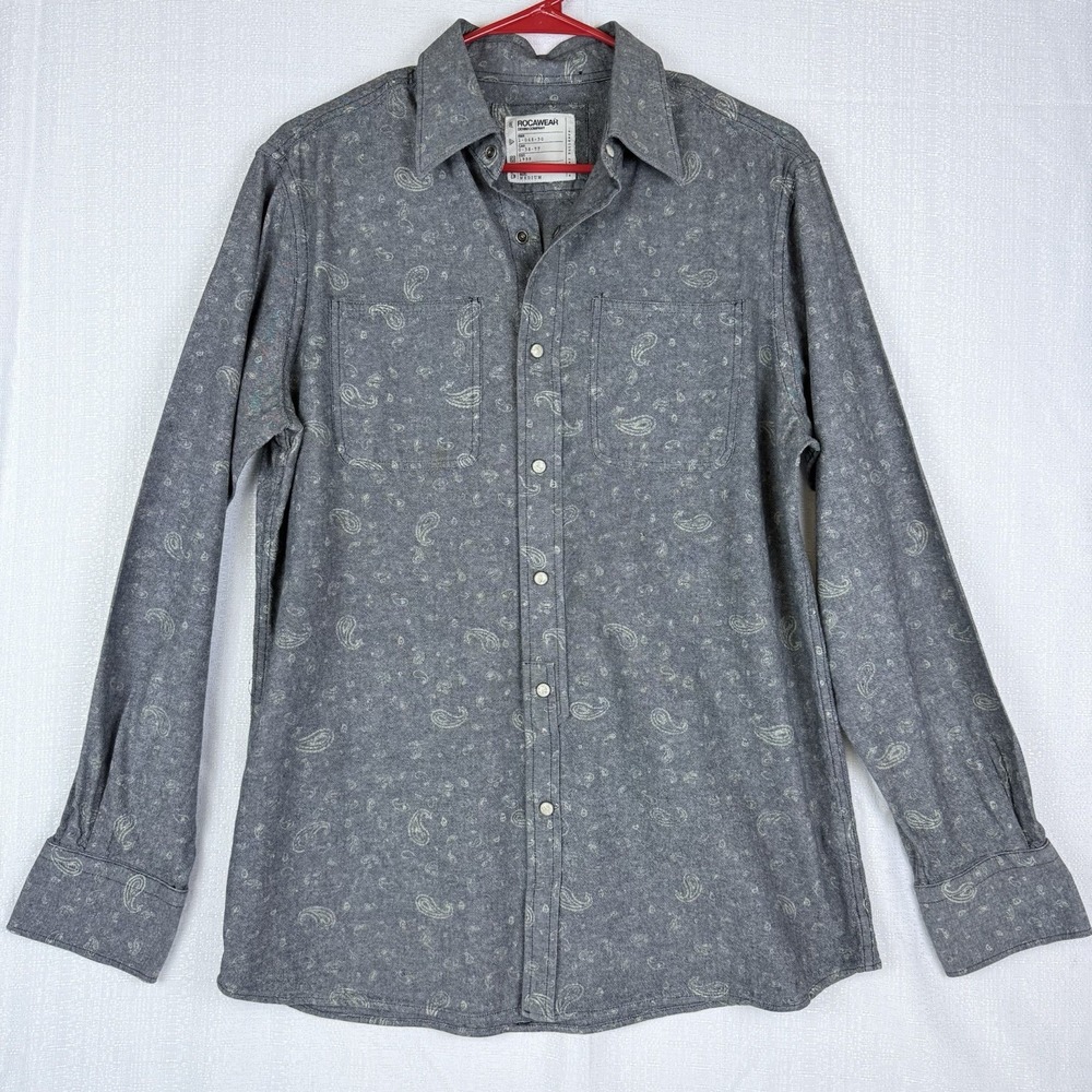 Rocawear Denim Mens Gray Pearl Snap Western Paisley Shirt Size M
